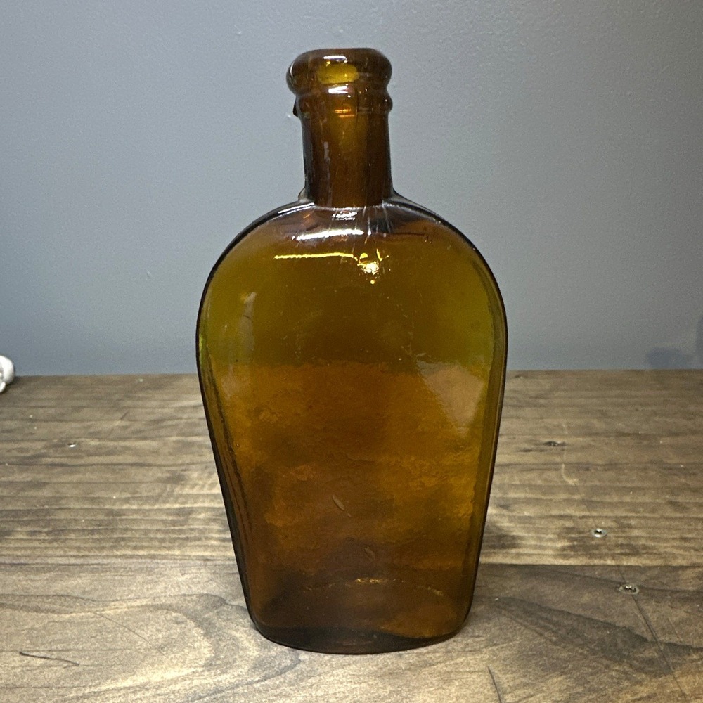 Honey Amber Glass Flask Bottle Unlabeled with Marking on Base half pint